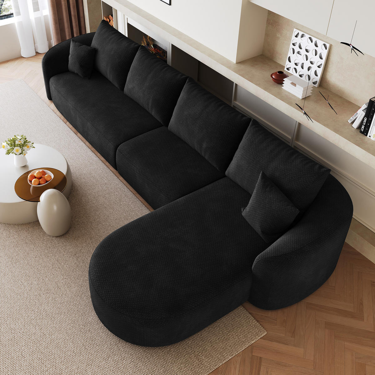 ECKSOFA 336/168/85 cm Schwarz Chenille mit Chaiselongue, Rechte Seite - Schwarz, Textil (336/168cm) - Oxeza