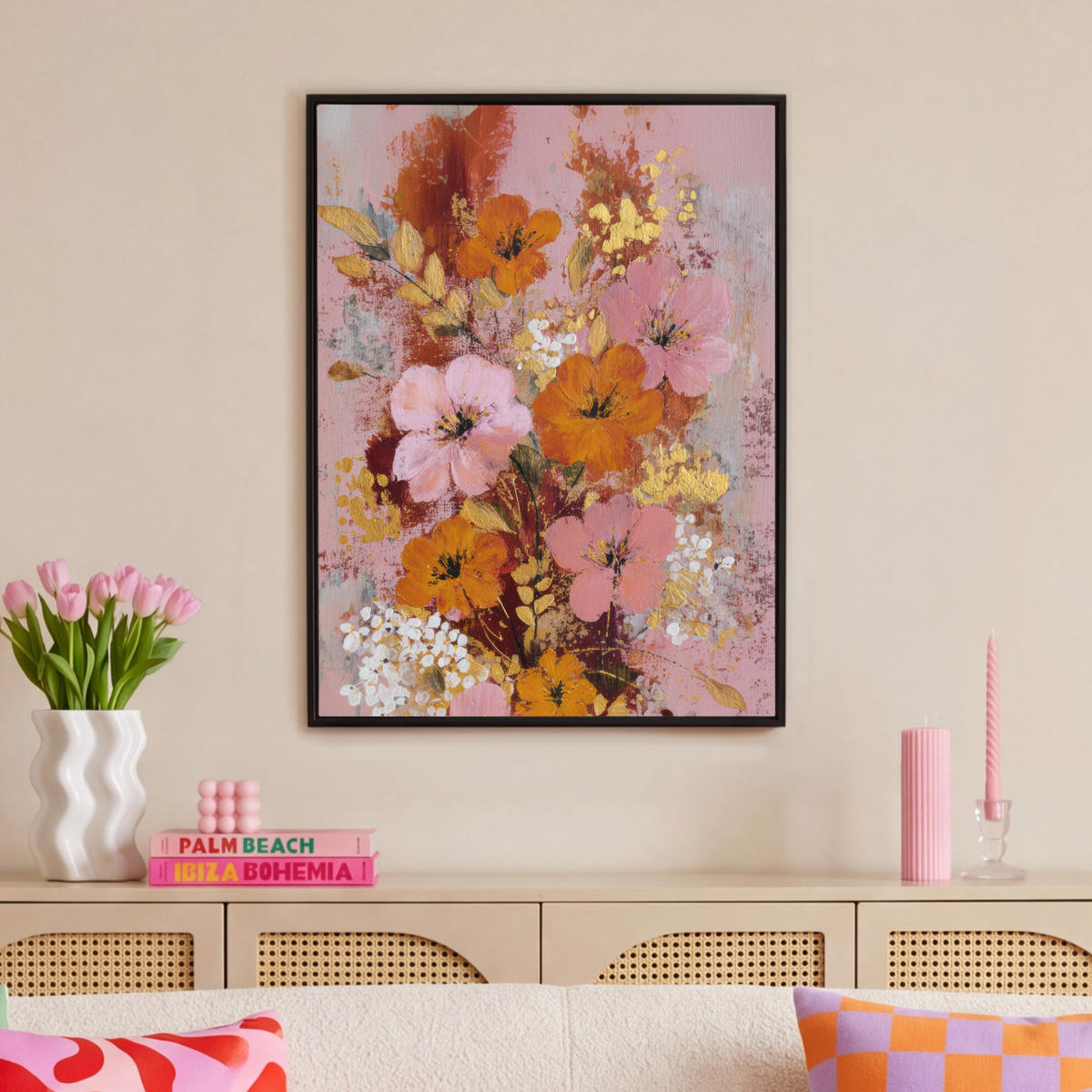LEINWAND Bilder mit Rahmen - Malerei - Blumen - Rustikal - Rosa - 70x100 - Altrosa, Textil (70/100cm) - MuchoWow