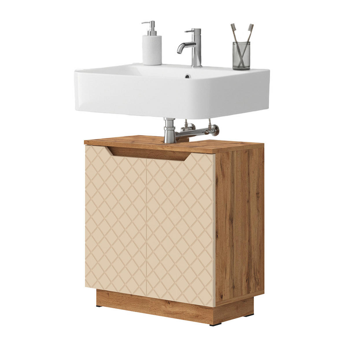 WASCHBECKENUNTERSCHRANK Lotta Eiche/Kaschmir mit Kachelstruktur 58.9 x 62.1 cm mit 2 Türen - Kaschmir/Eichefarben, Holzwerkstoff (58.9/62.1/32cm) - Vicco