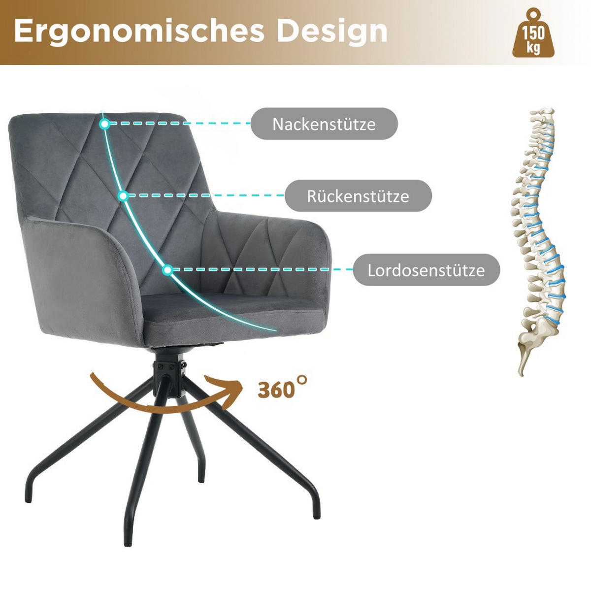 STUHL SET 4 Stück 360° Drehbarer mit Rautenmuster in anthrazit - Hellgrau, Textil (54/85/60cm) - KOMHTOM