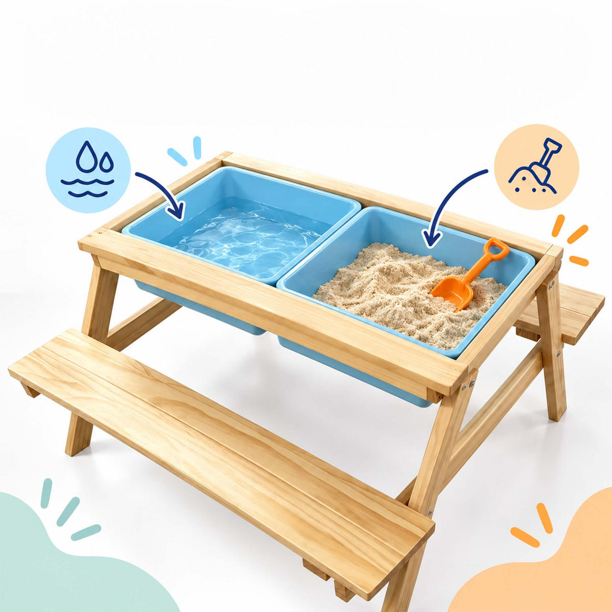 SESTAVA Světle hnědá hrací stolek na písek a vodu 2 vaničky - světle hnědá, dřevo/plast - Relaxdays