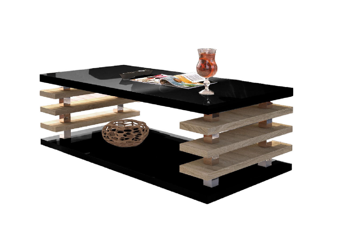 COUCHTISCH rechteckig Schwarz Hochglanz - Eiche Gold Ablage 120/40/60 cm - Schwarz Hochglanz/Eichefarben, Holzwerkstoff (60/120/40cm) - designimpex
