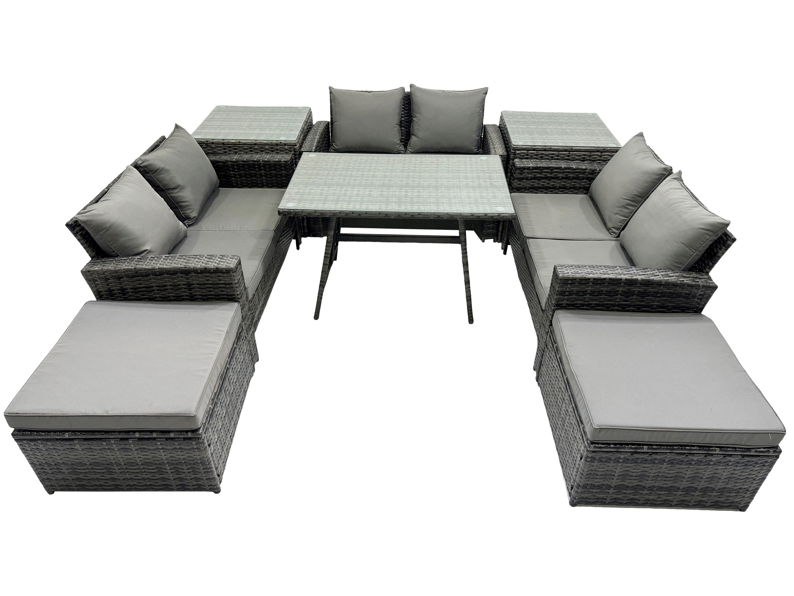 GARTENMÖBELSET mit ESSTISCH,HOCHLEHNER-SOFA Polyrattan Dunkelgrauer Mix 8-Sitzer - Dunkelgrau/Grau, Glas/Kunststoff - Fimous