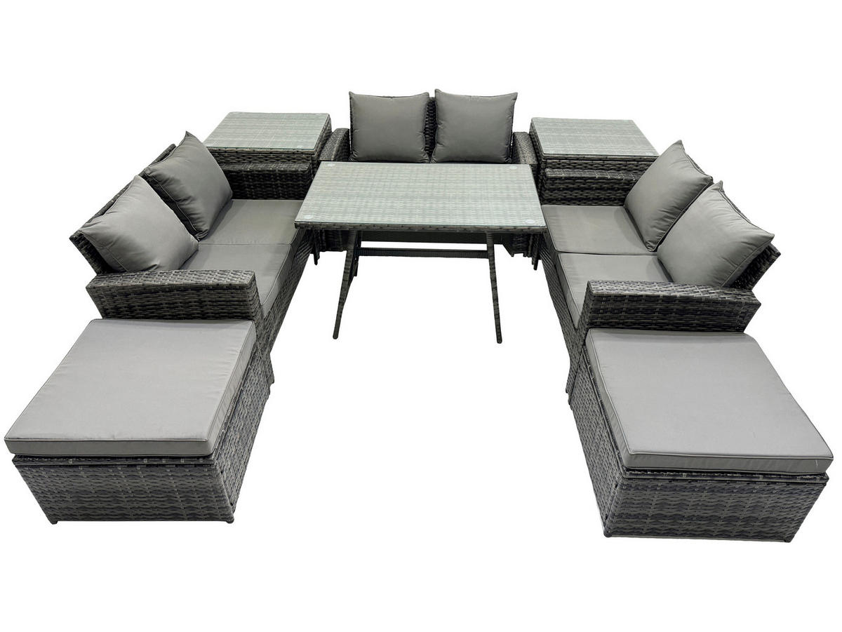 GARTENMÖBELSET mit ESSTISCH,HOCHLEHNER-SOFA Polyrattan Dunkelgrauer Mix 8-Sitzer - Dunkelgrau/Grau, Glas/Kunststoff - Fimous
