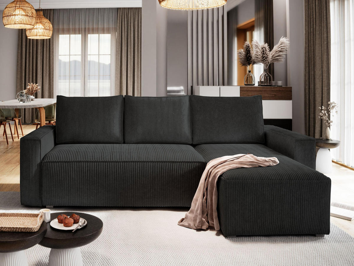 ECKSOFA POTARO Schwarz Kordstoff mit Schlaffunktion - Schwarz, Holz (232/140cm) - MASSENO