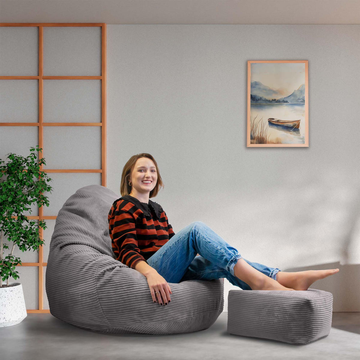 SITZSACK PARADISE MIT FUßSTÜTZE Kordsamt 2-tlg Frost Gray M - Grau, Textil (90/100/90cm) - Dreamroots