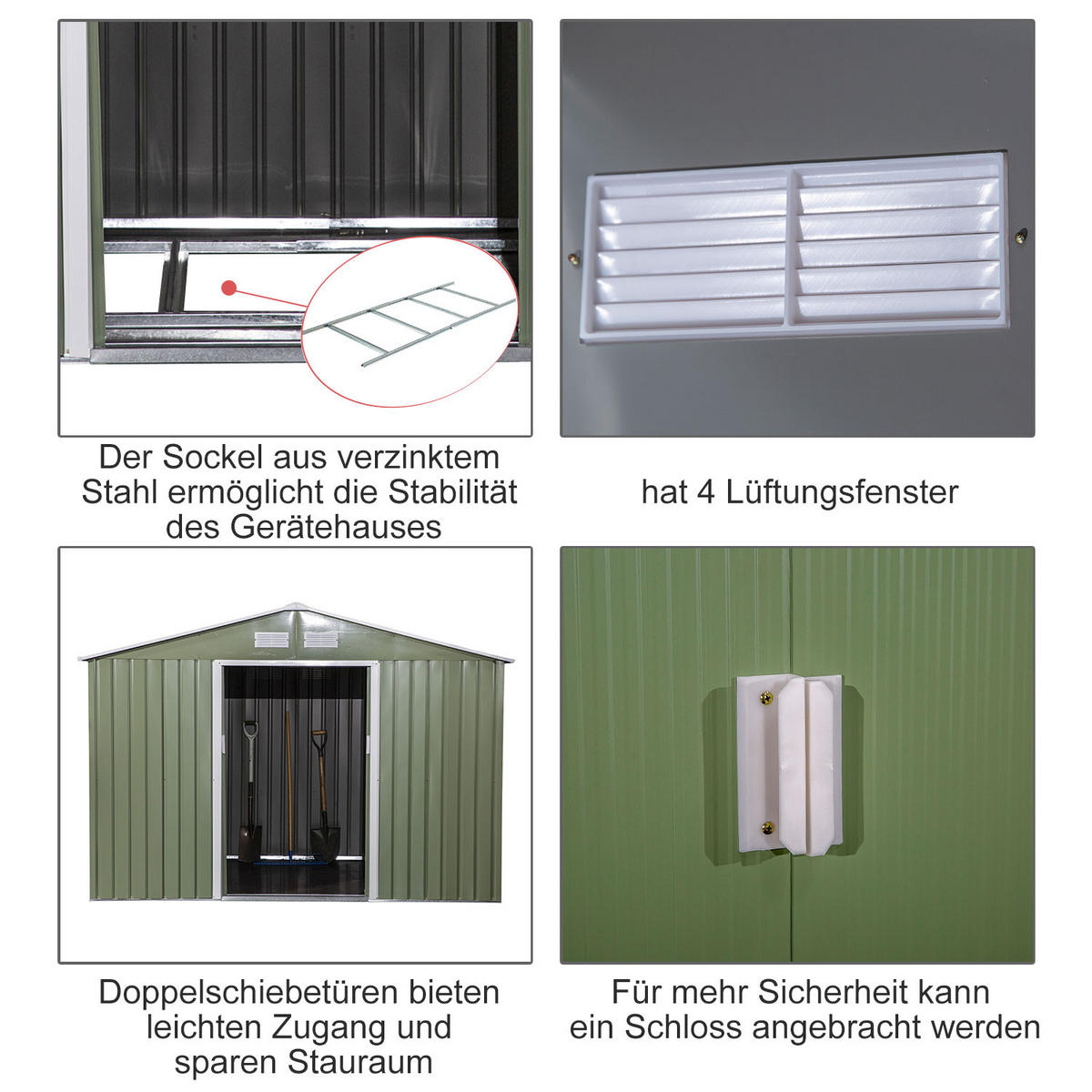 GERÄTEHAUS, Geräteschuppen, Gartenhaus, Schuppen mit Bodenrahmen, Stahl, Hellgrün - Hellgrün, Metall (195/192/277cm) - Outsunny