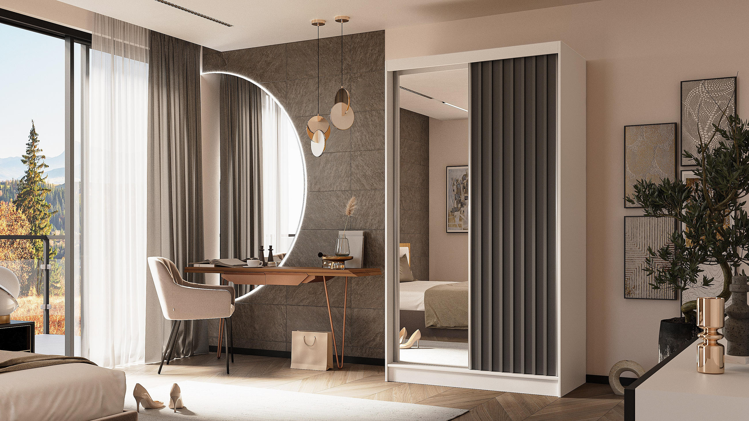 KLEIDERSCHRANK mit Spiegel-Schiebetüren und Aluminium-Leisten - LAMELO - 120 cm Weiß+Grau+Grau - Weiß/Grau, Holzwerkstoff (120/216/61cm) - ALTDECOR