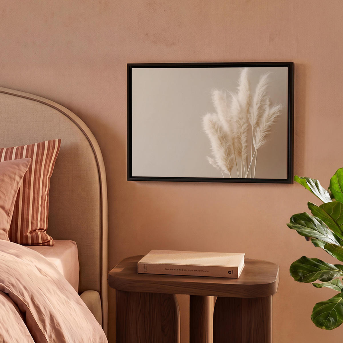 LEINWAND Bilder mit Rahmen - Pampasgras - Federn - Pastell - Weiß - 40x30 - Naturfarben, Textil (40/30cm) - MuchoWow