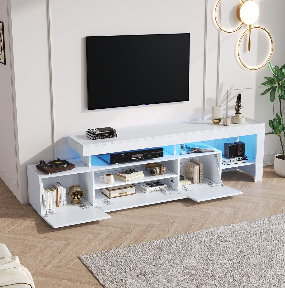 TV-LOWBOARD 192/37/53 cm mit 3 Klapptüren und LED-Beleuchtung - Weiß, Holzwerkstoff (192/53/37cm) - BEAOK