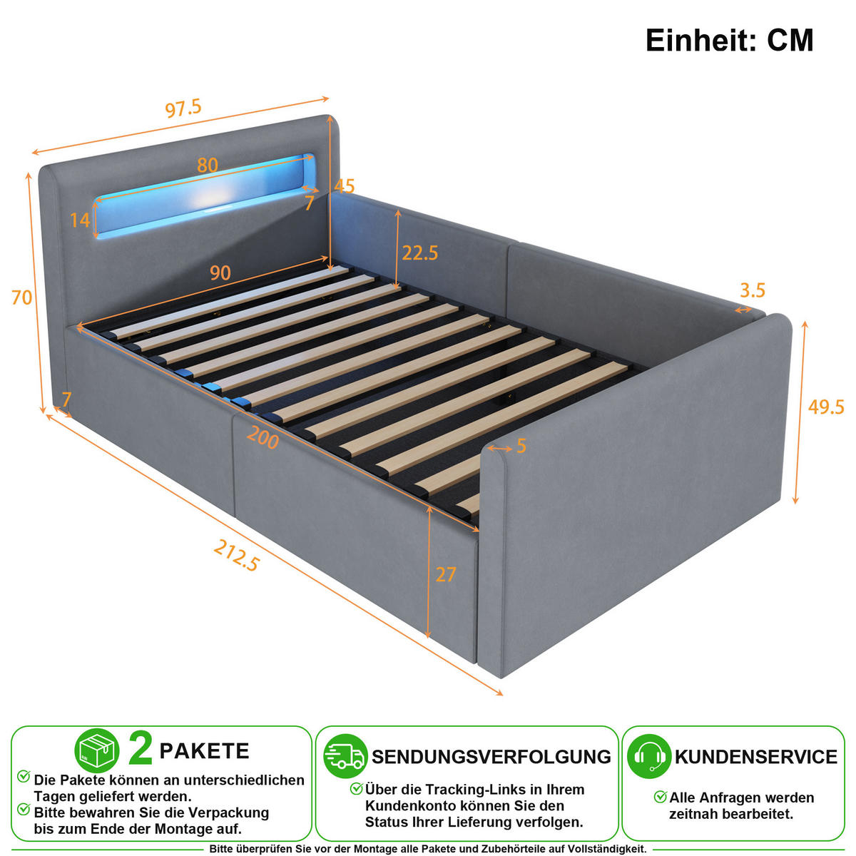 KINDERBETT 90/200 cm in Hellgrau mit LED, USB, Regal und Bettkasten Samt - Hellgrau, Holzwerkstoff/Textil (90/200cm) - CHICFURN
