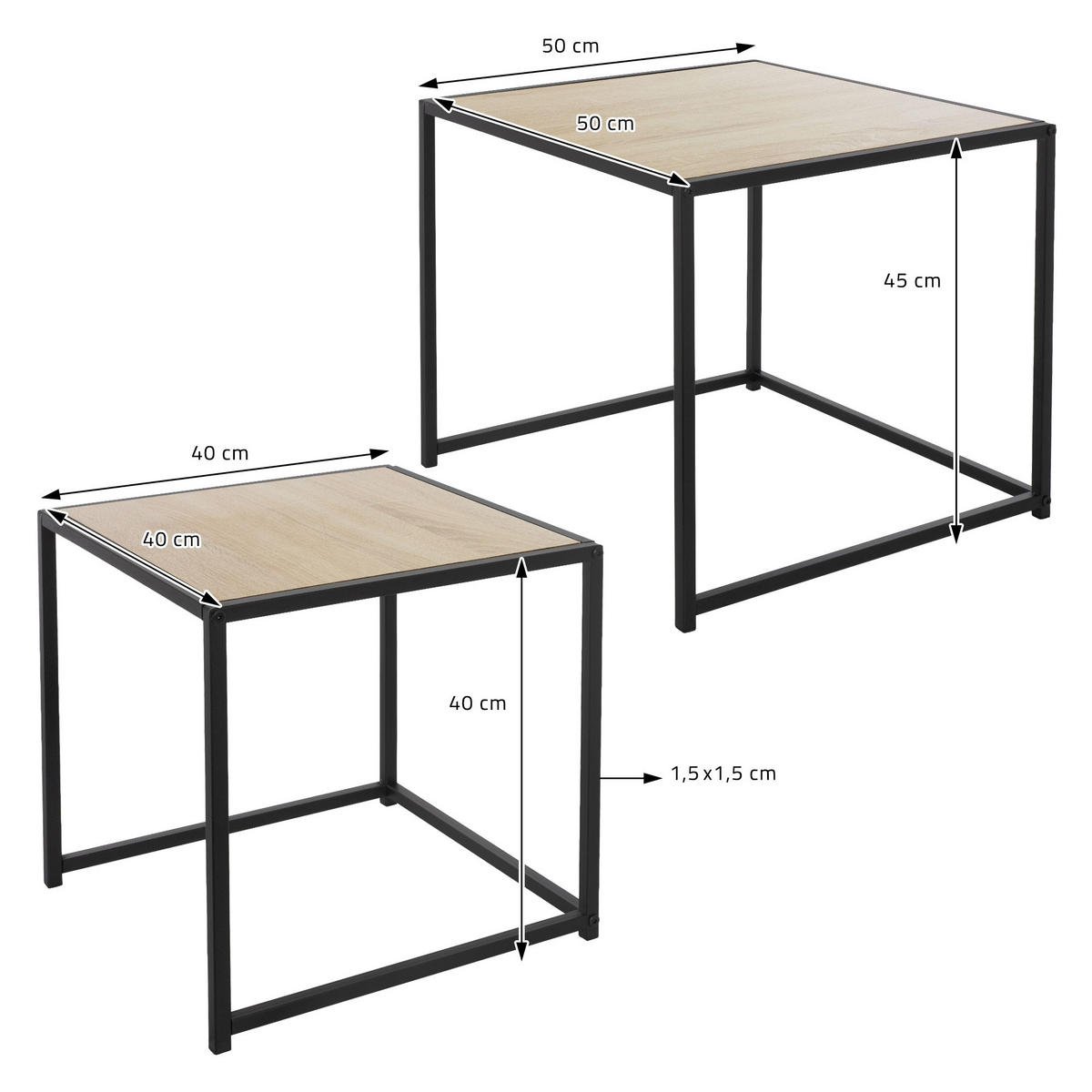 BEISTELLTISCH quadratisch Schwarz 40/40/40cm / 50/50/45cm 2er Set - Schwarz, Metall (40/40/40cm) - ML-DESIGN