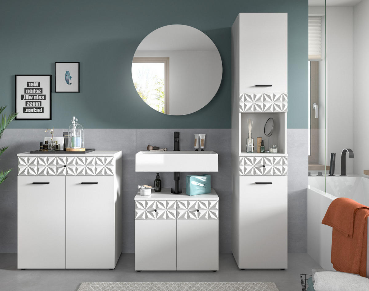 BADMÖBEL-SET weiß Hochglanz 4-teilig 200 cm, Komplettset mit 3D-Struktur - Weiß Hochglanz, Glas/Holzwerkstoff (205/187/37cm) - Inn.Furn