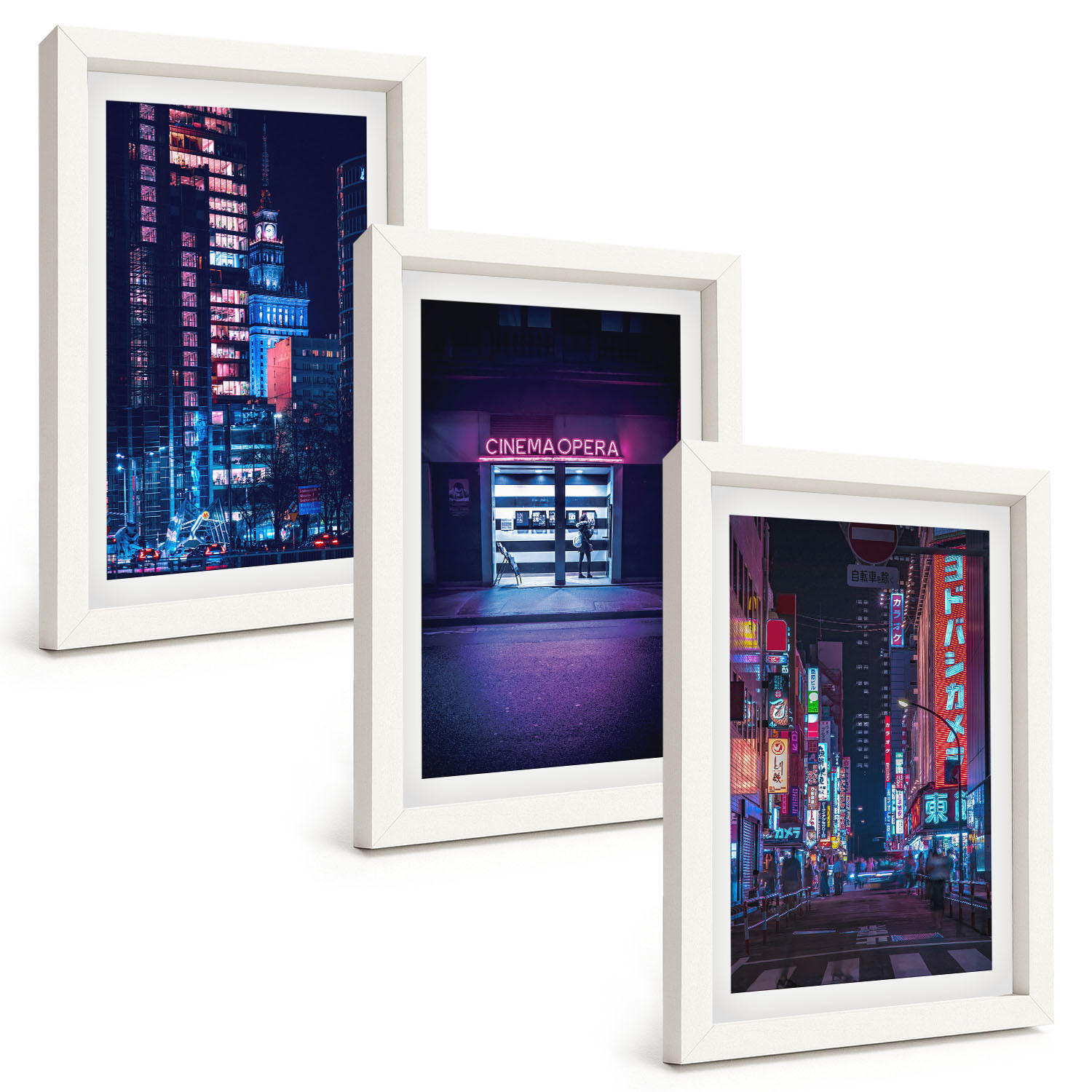 BILDER SET 3er Set - 20x30 cm Weißer Rahmen - Neon-Eingang zur nächtlichen Stadt - Weiß, Kunststoff (20/30cm) - TULUP