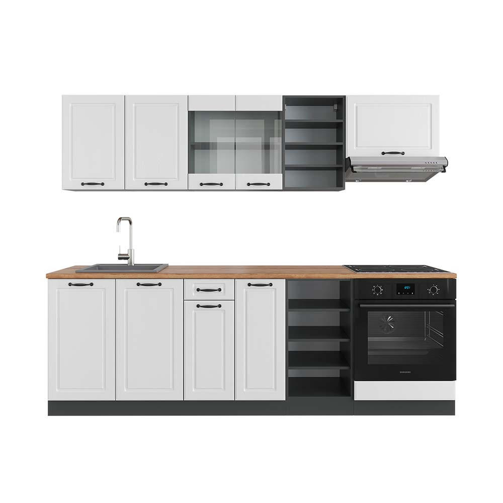 KÜCHENZEILE R-Line Weiß Landhaus/Anthrazit 240 cm, AP Eiche - Anthrazit/Creme, Holzwerkstoff (240/81.6/60cm) - Vicco