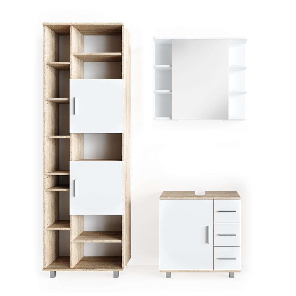 BADMÖBEL-SET Ilias Sonoma 3 Teile, mit Hochschrank - Weiß/Sonoma Eiche, Holzwerkstoff (60/60.8/33cm) - Vicco