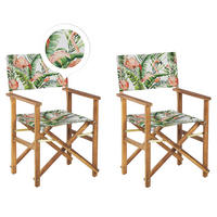 GARTENSTUHL 2er-Set Akazienholz hellbraun Auflagen grau/ bunt Flamingomuster Cine - Hellbraun/Hellrosa, Holz (50/91/50cm) - Beliani