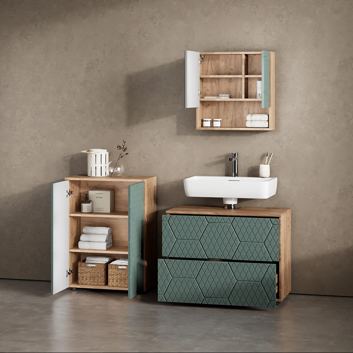MIDISCHRANK Ronco Grün/Goldkraft Eiche 60 x 81 cm - Grün, Holzwerkstoff (60/81/30cm) - Livinity®