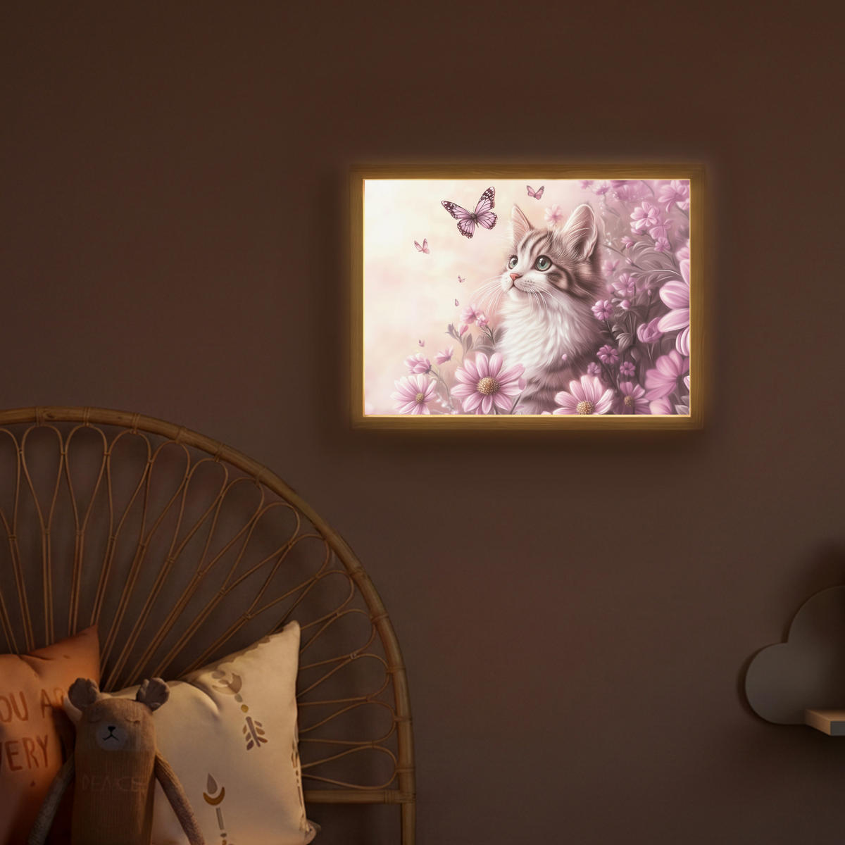 NACHTTISCHLAMPE MIT AKKU Kätzchen - Blumen - Schmetterlinge - Lila 40x30 cm - Altrosa, Holzwerkstoff (8/40/30cm) - OnlyWow