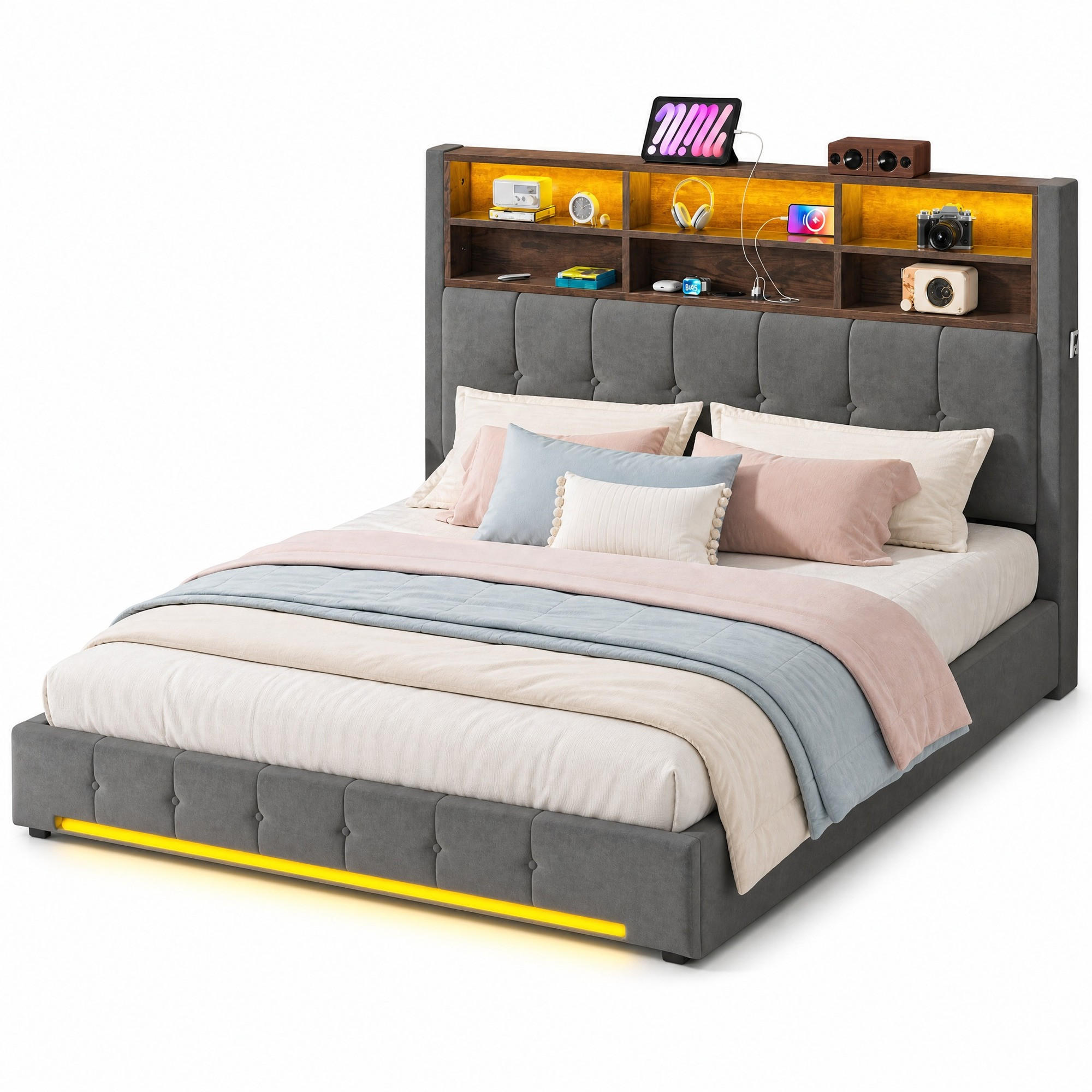 ČALOUNĚNÁ POSTEL 180/200 cm v tmavě šedé barvě s úložným prostorem, LED a USB-C - tmavě šedá, kov/kompozitní dřevo (180/200cm) - CHICFURN
