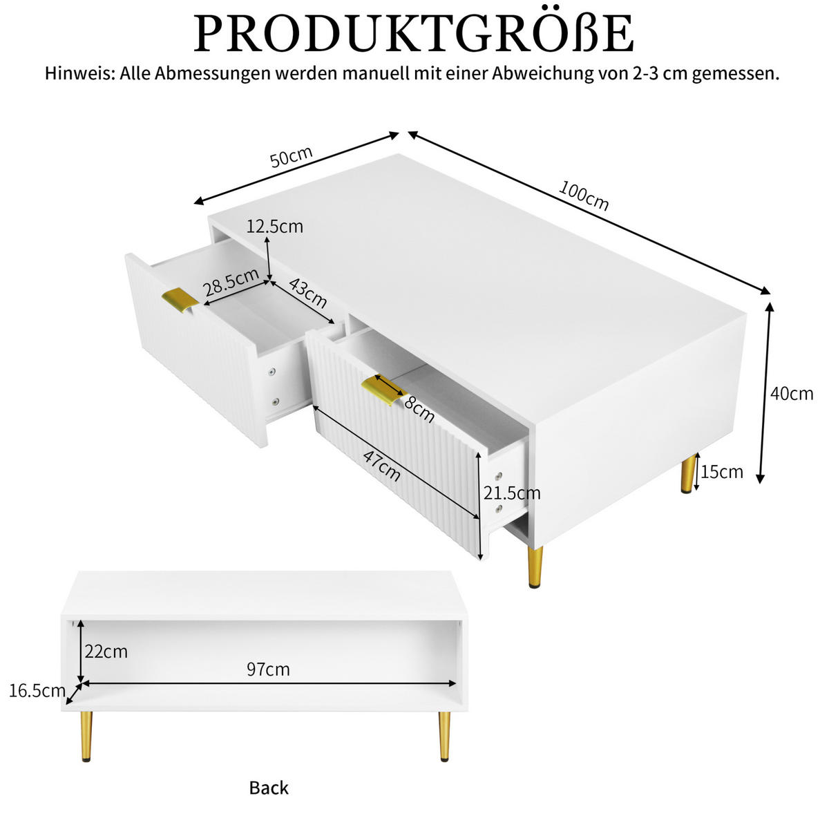 COUCHTISCH 100/50/40 cm mit 2 Schubladen und Ablageboden in Streifenoptik, Weiß/Gold - Weiß, Holzwerkstoff (100/50/40cm) - Redom