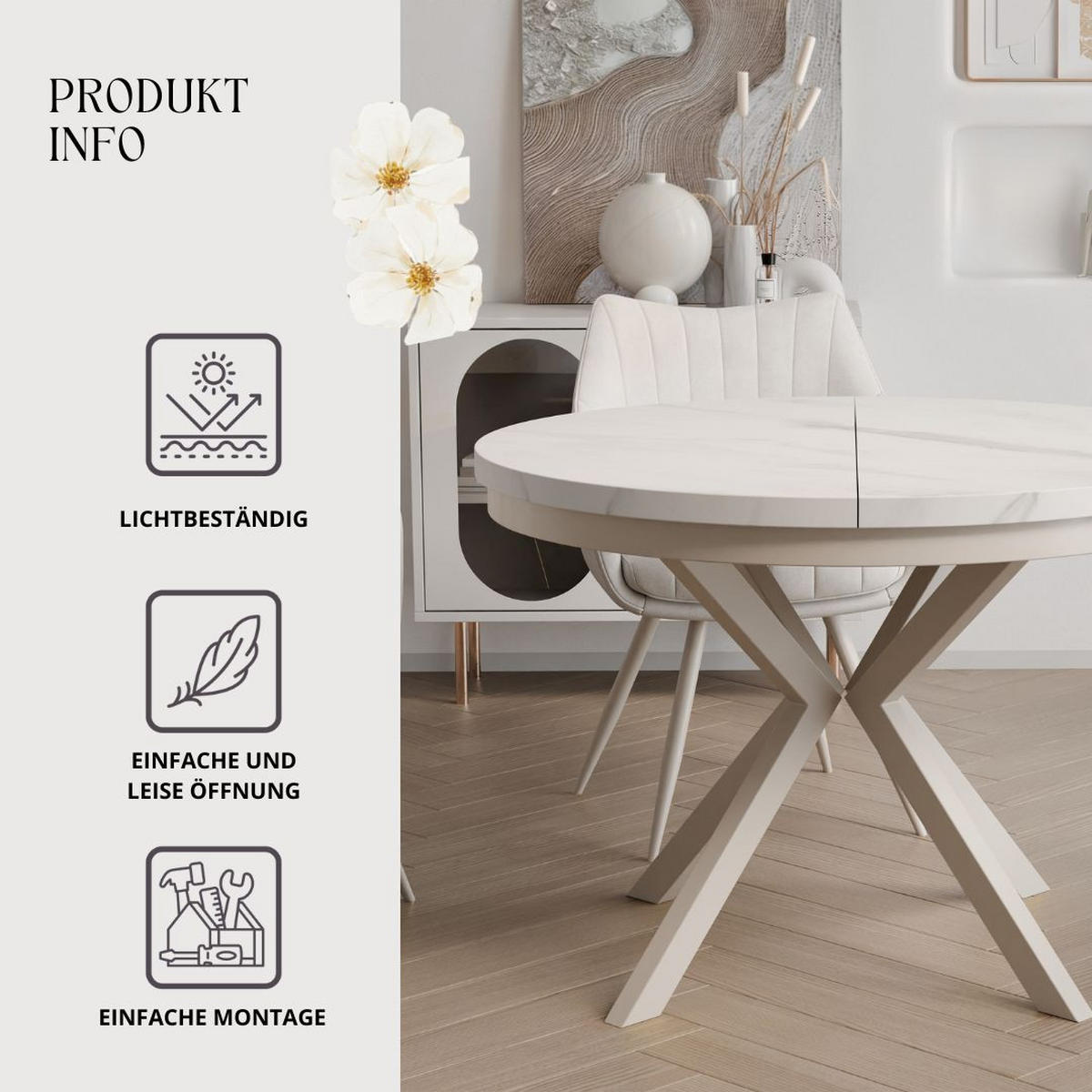 AUSZIEHTISCH MILTON 120-196/76 cm mit Metallgestell, Kaschmir / Bianco Marmor - Kaschmir/Perlmutt, Holzwerkstoff/Metall (120/120/76cm) - Idohome