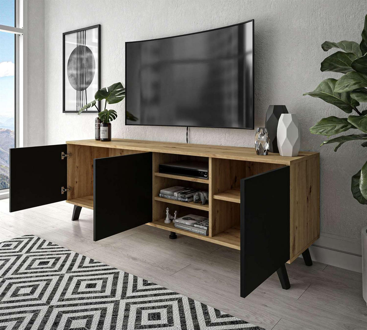TV-ELEMENT SANAYI III Eiche Artisan/Schwarz - Schwarz, Holzwerkstoff (156/54/38cm) - Lookway