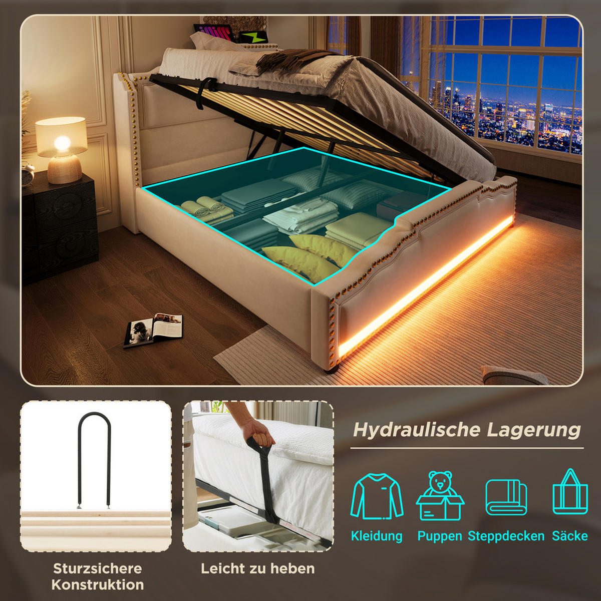 POLSTERBETT 140X200 mit LED USB C Lattenrost und hydraulischem Stauraum - Beige, Holz (140/200cm) - FLIEKS