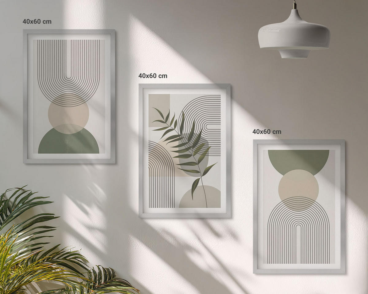 BILDER SET 3er Set - 40x60 cm Silberner Rahmen - Abstrakte Formen mit Grün - Silberfarben, Kunststoff (40/60cm) - TULUP