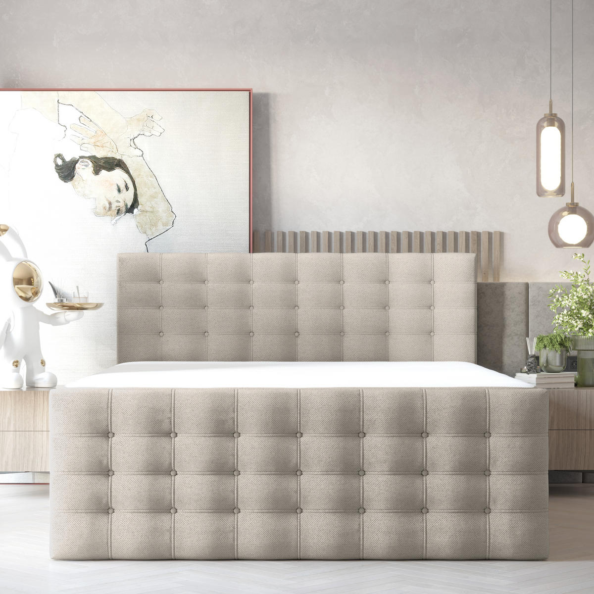 BOXSPRINGBETT Blend Beige 180/200 cm mit Matratze - Beige/Schwarz, Holz/Holzwerkstoff (180/200cm) - Maison de Reve