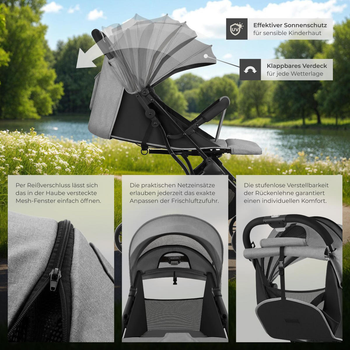 BUGGY-KINDERWAGEN Finn, für 0 bis 36 Monate geeignet, Belastbarkeit 15 kg, grau - Grau, Textil (95/51/105cm) - tectake