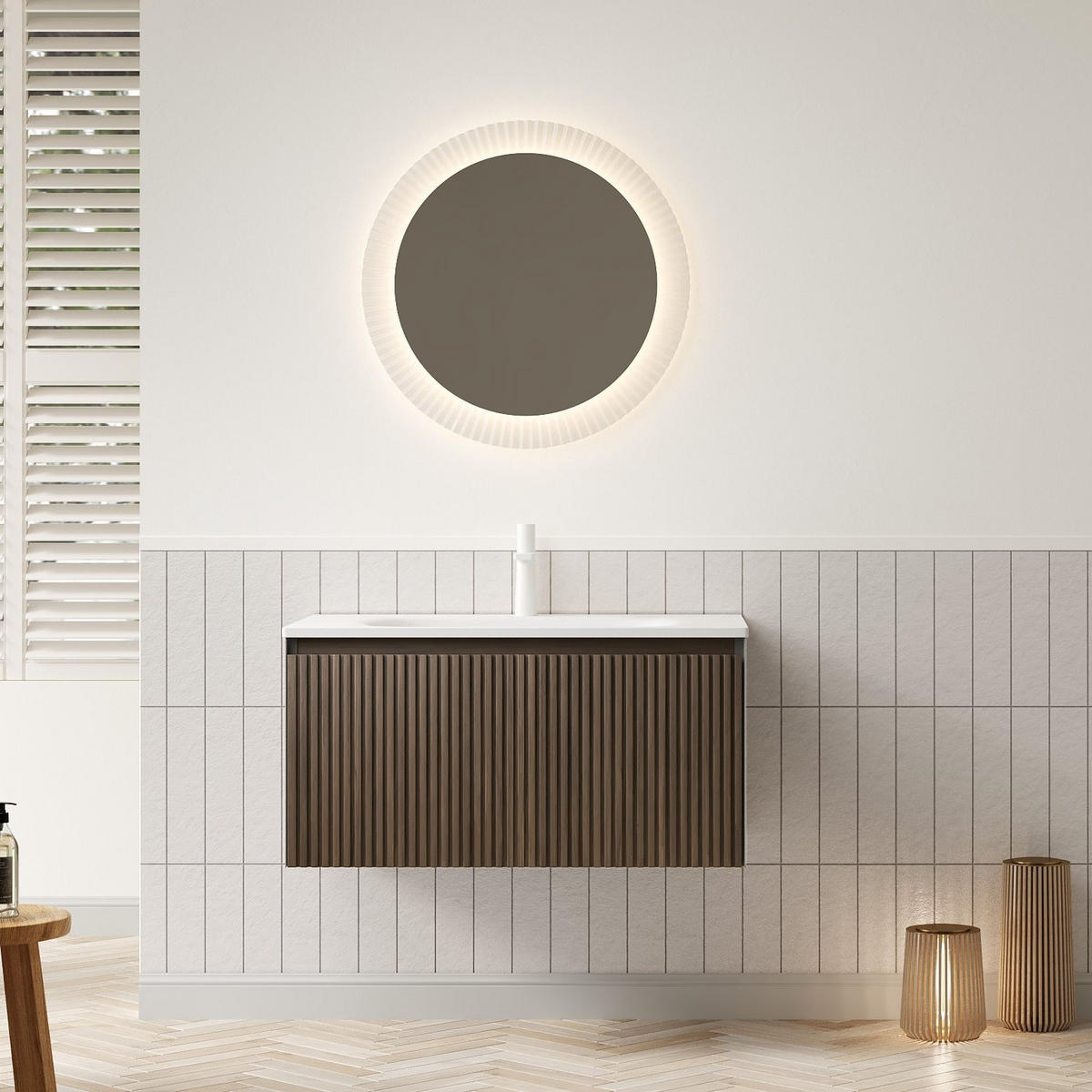 WASCHTISCHKOMBI 80x46x41.8cm Brown Oak/Weiß mit Harzbecken & Schwebe-Design - Braun, Keramik (80/41.8/46cm) - Modfu