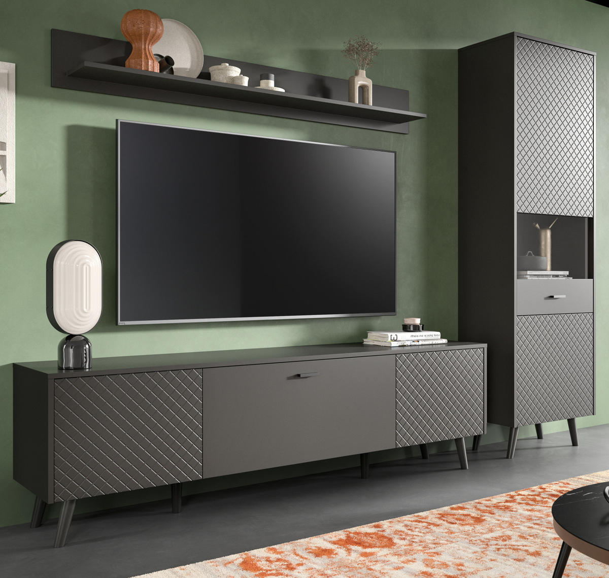 WOHNWAND grau matt 3-teilig 258 cm, Schrankwand mit Struktur - Schwarz/Grau, Glas/Holzwerkstoff (258/195/40cm) - Inn.Furn