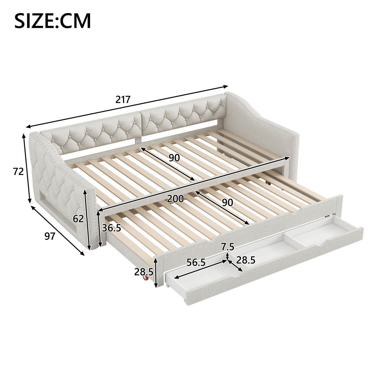 POLSTERBETT 90/200 cm aus MDF und Leinen mit LED Ausziehbett und 3 Schubladen Beige - Beige, Textil (90/200cm) - Modenvie