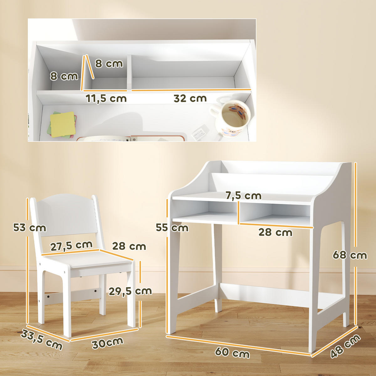 SCHREIBTISCH-SET DE-17552 offene Fächer und Regale Weiß - Weiß, Holzwerkstoff (60/68/48cm) - ComfortXL