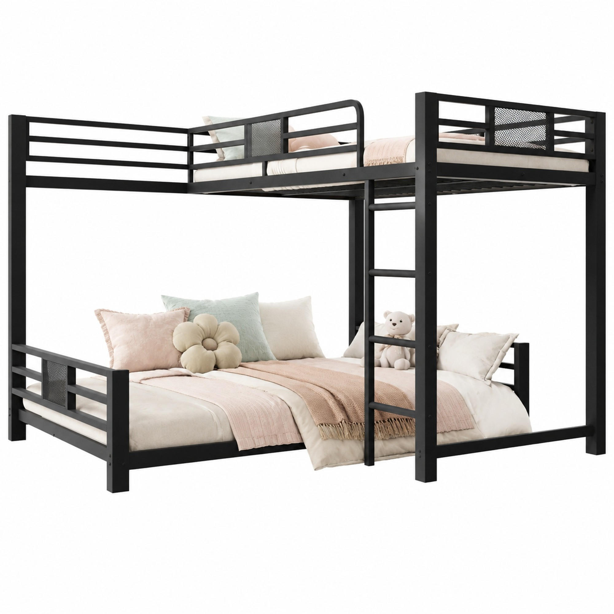 ETAGENBETT 90/200+140/200 cm mit L-Form, Schutzgittern und Metalllatten in Schwarz - Schwarz, Metall (140/200cm) - EVRYAE