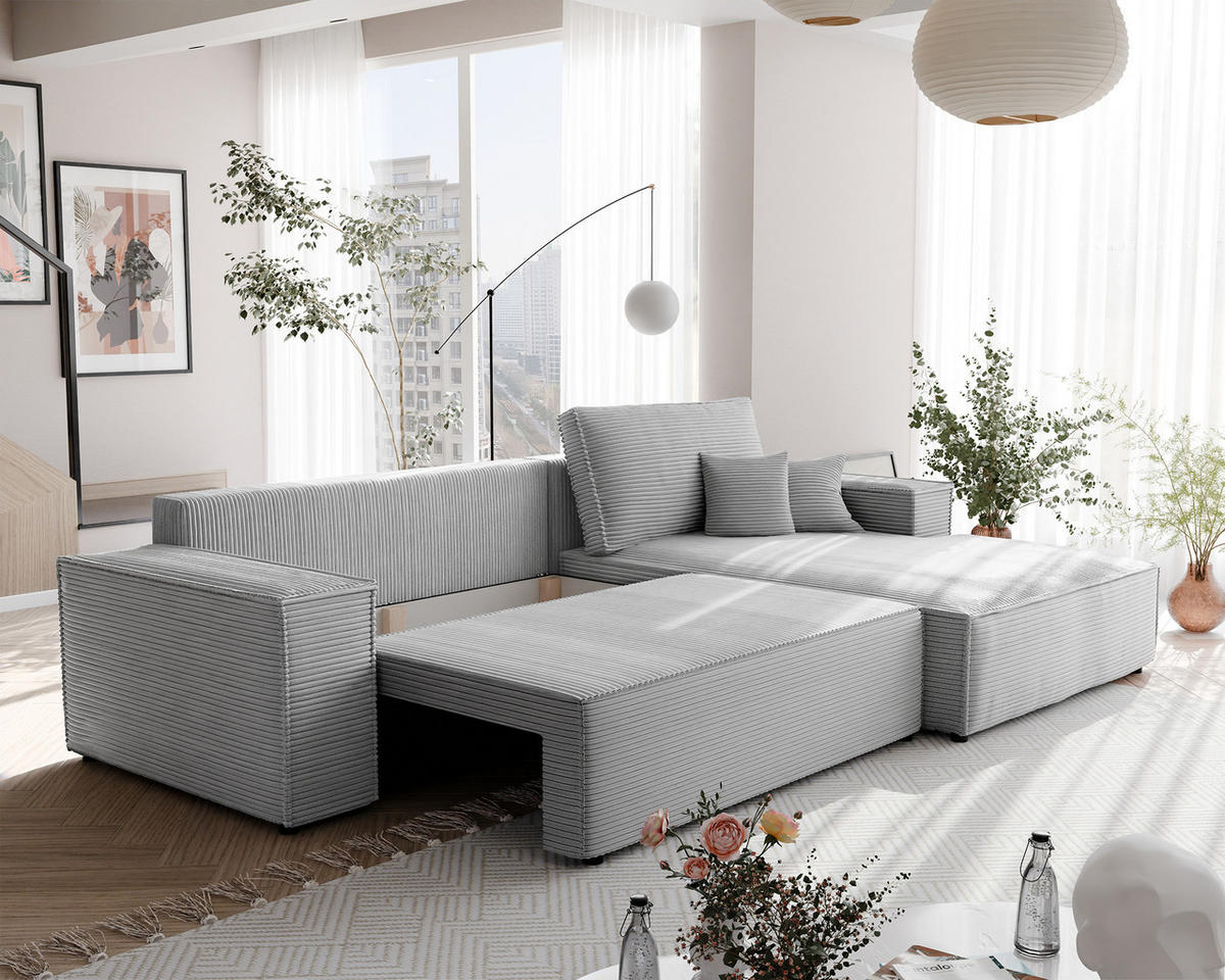 ECKSOFA NOVA mit Schlaffunktion und Bettkasten Hellgrau - Hellgrau, Holzwerkstoff/Kunststoff (250/90cm) - Idohome