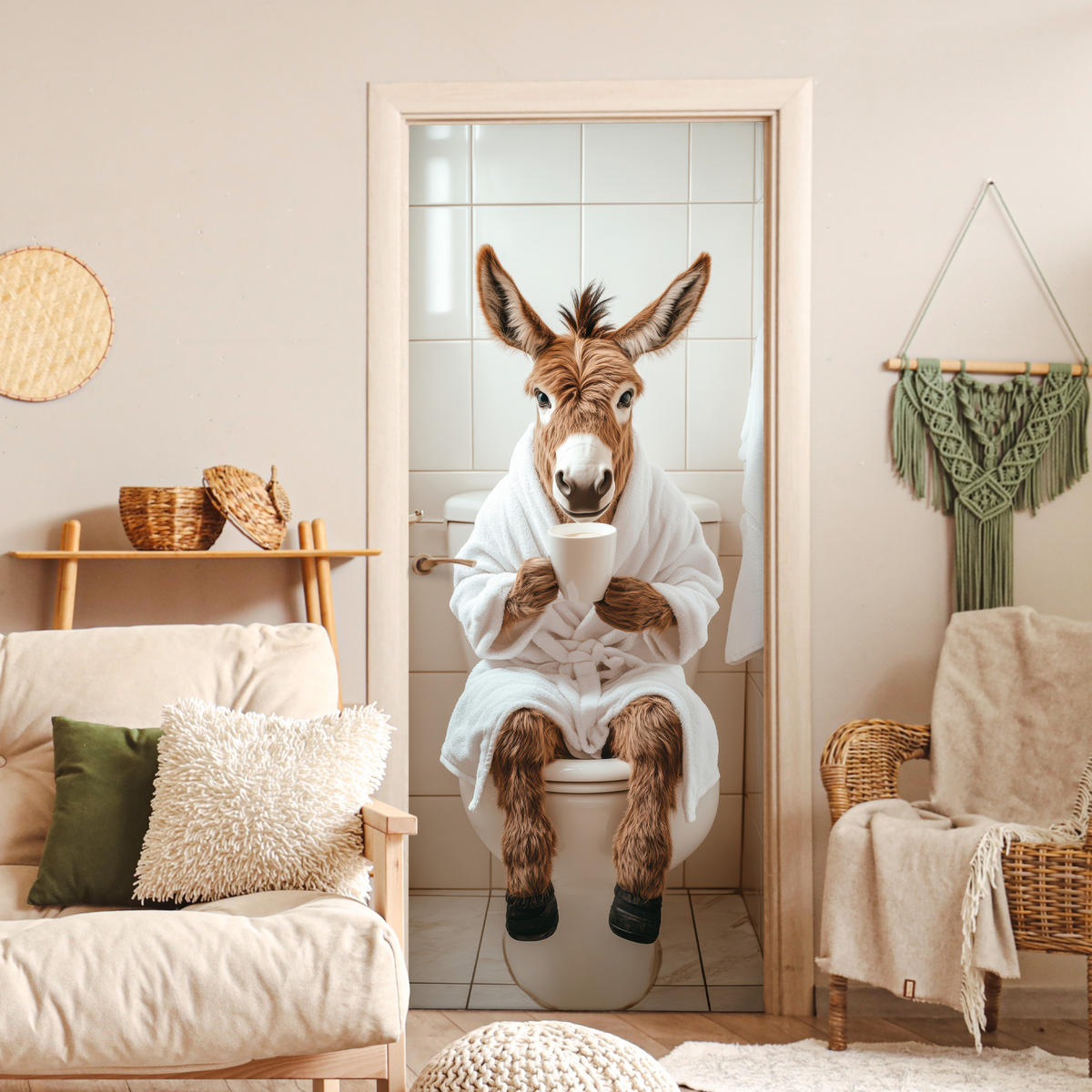 TÜRAUFKLEBER Selbstklebend - Esel - WC - Lustig - Bademantel - Tier 95x215 cm - Türtapete - Beige, Kunststoff (95/0.1cm) - MuchoWow