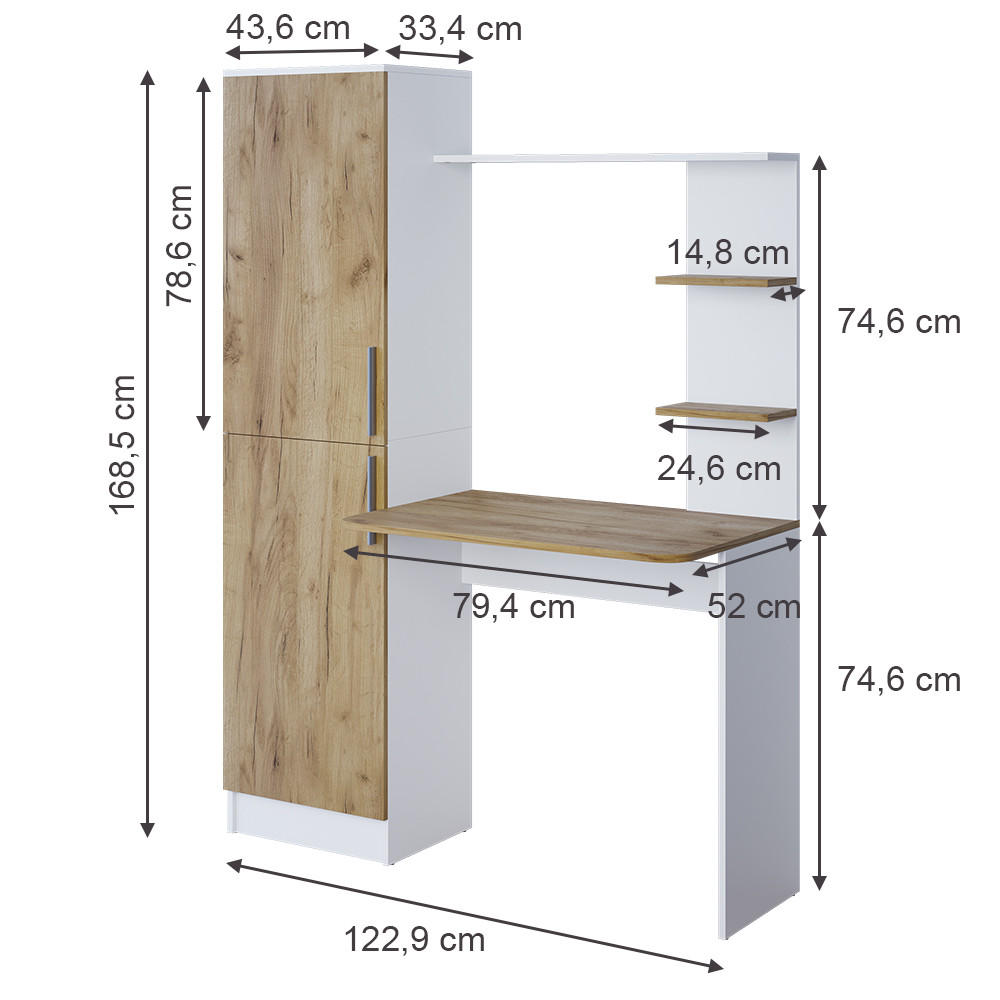 SCHREIBTISCH Tessa Weiß/Goldkraft Eiche 122.9 x 33.4 cm - Honigeiche/Weiß, Holzwerkstoff (52/122.9/168.5cm) - Vicco