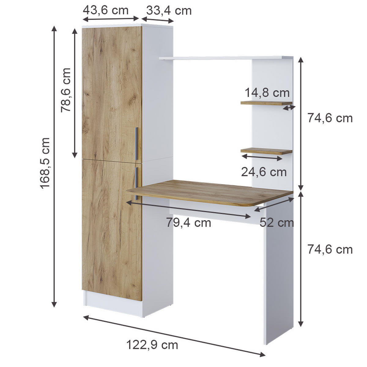SCHREIBTISCH Tessa Weiß/Goldkraft Eiche 122.9 x 33.4 cm - Honigeiche/Weiß, Holzwerkstoff (52/122.9/168.5cm) - Vicco