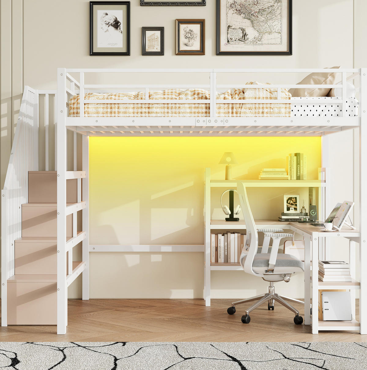 HOCHBETT 140/200 cm Weiß mit Schreibtisch und LED - Weiß, Metall (140/200cm) - MIVRAY