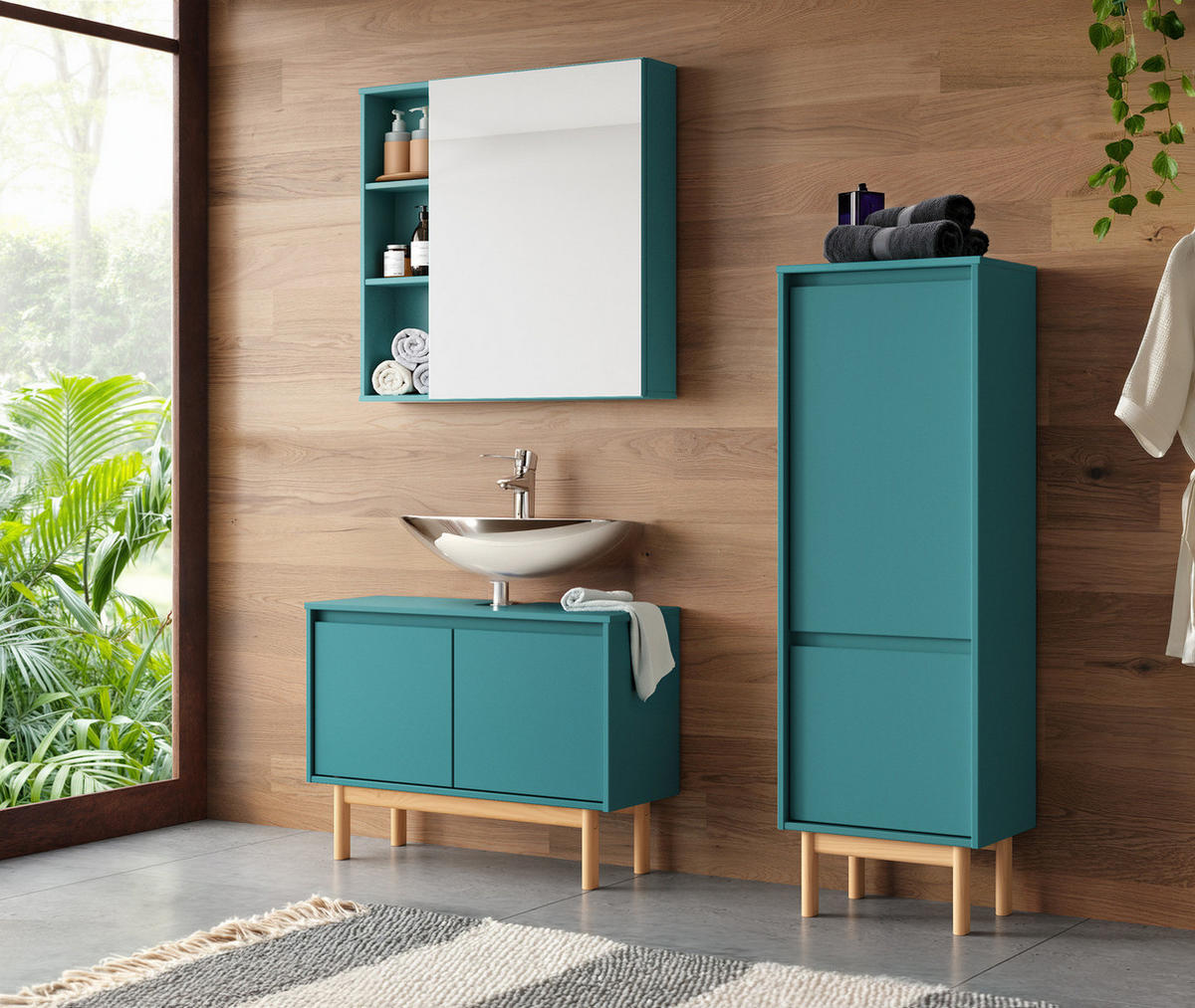 MIDISCHRANK mit 2 Türen - Pinie Massivholz - Softclose - Petrol, Holz (44/138/35cm) - home24