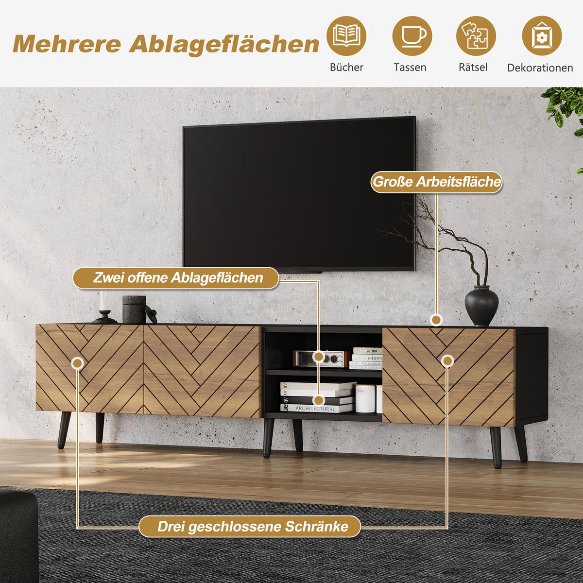 LOWBOARD in Holzfarbe TV-Ständer mit geräuschlosen Scharnieren für Wohnzimmer, B180/T33,5/H45 cm - Schwarz/Naturfarben, Holzwerkstoff/Metall (180/45/33.5cm) - STILVORA