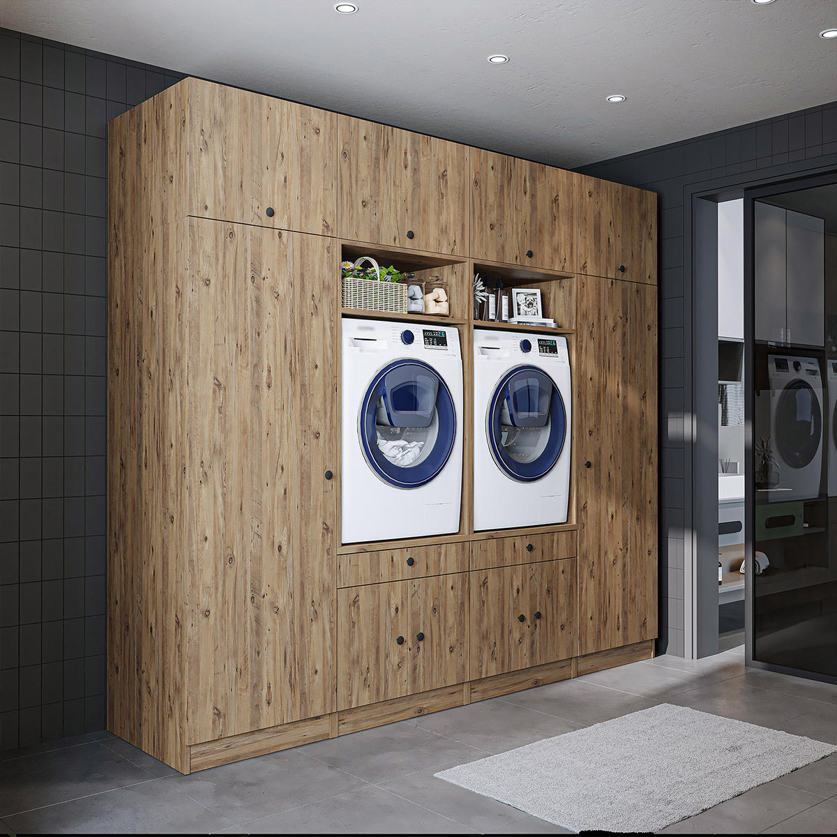 WASCHMASCHINENSCHRANK Serie 1 254cm Breit, 230cm Hoch - Eichefarben, Holzwerkstoff (254/230/67cm)