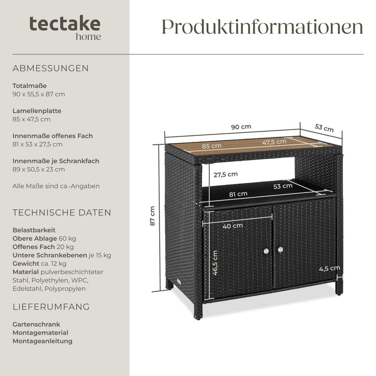 GARTENSCHRANK Monscia, höhenverstellbare Füße, 90 x 55,5 x 87 cm, schwarz - Schwarz, Kunststoff (90/97/55.5cm) - tectake