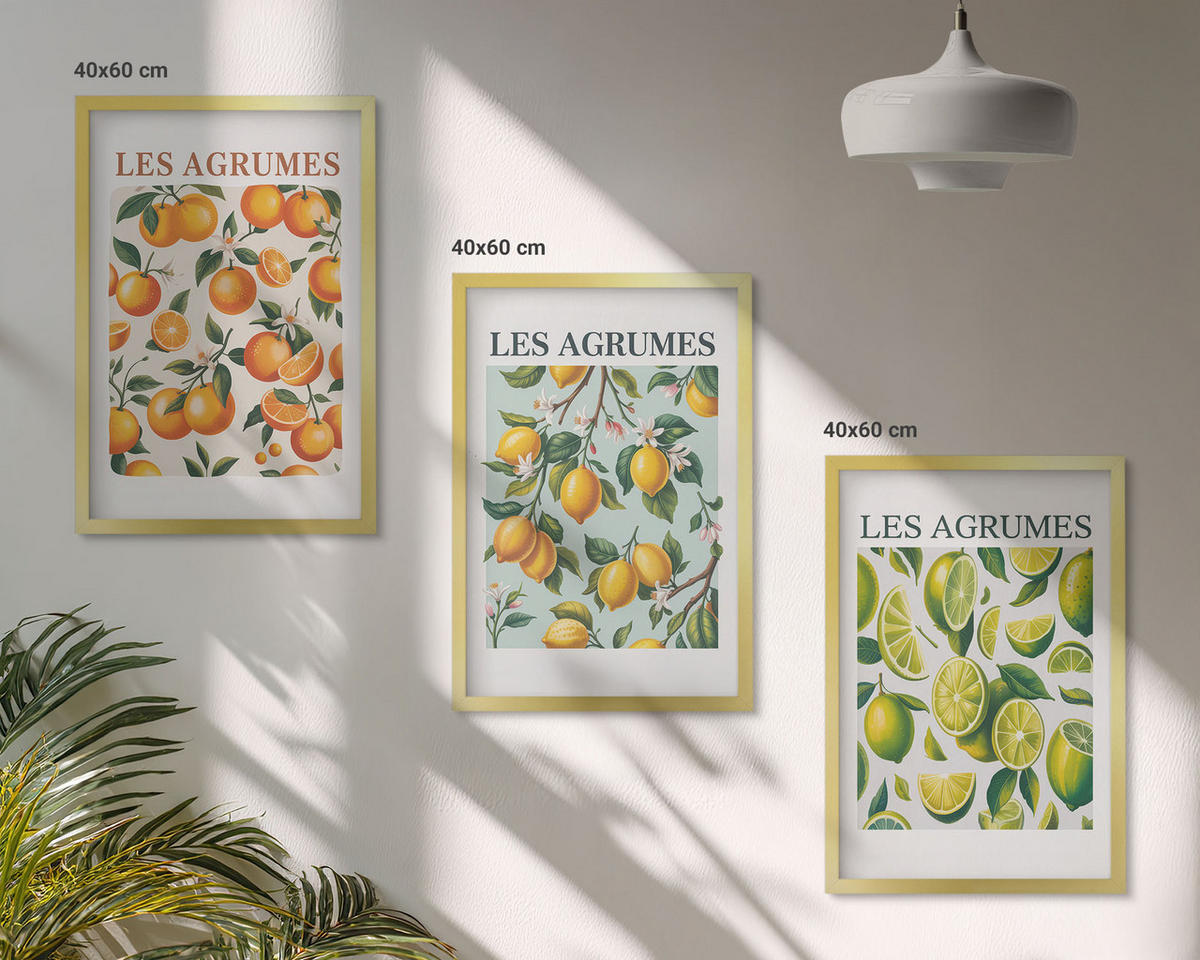 WANDBILDER 3er Set - 40x60 cm Goldrahmen - Fruchtige Zitrus-Pastellmuster - Goldfarben, Kunststoff (40/60cm) - ArtPrintCave