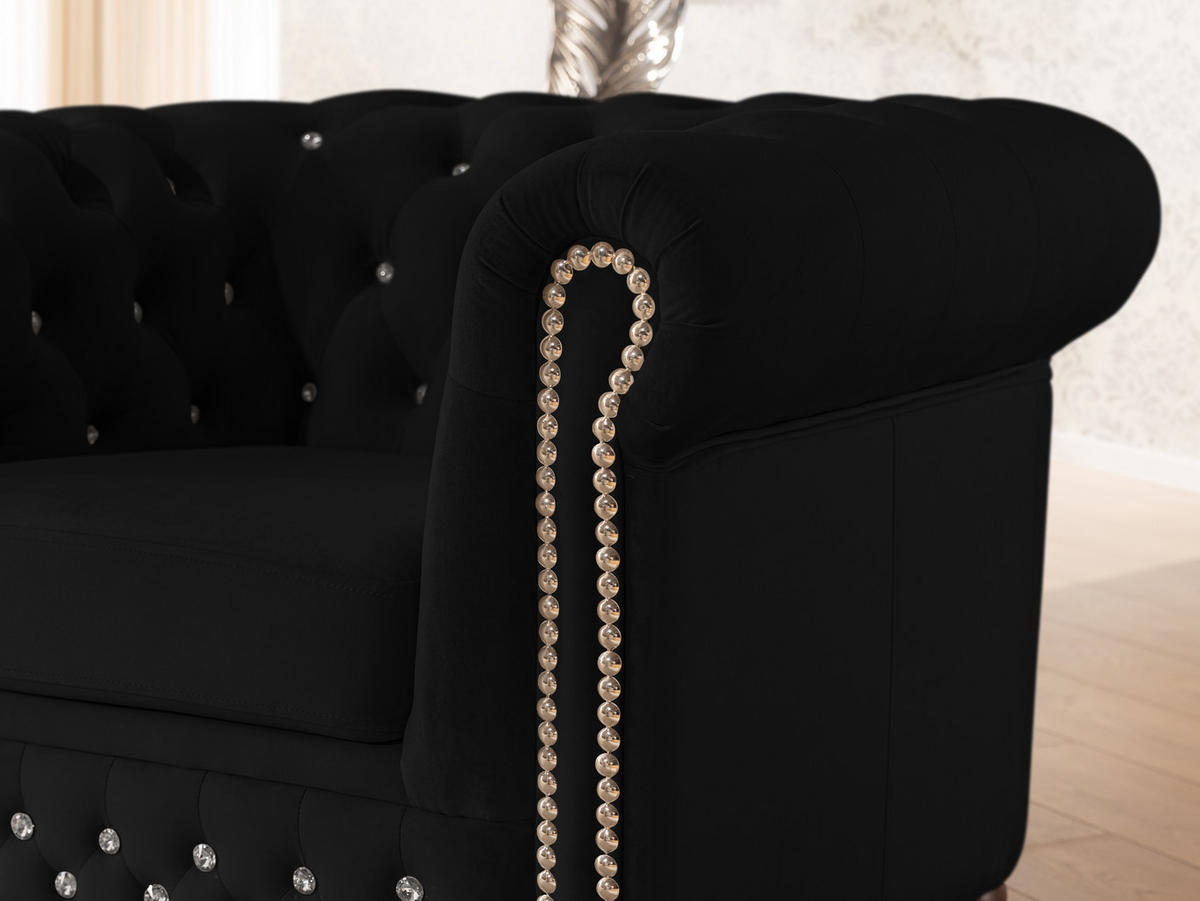 CHESTERFIELD-SESSEL Cleo Blink Schwarz Samt mit Kristallsteppung und braunen Massivholzfüßen - Beige/Schwarz, Holz/Textil (104/72/86cm) - S-Style Möbel