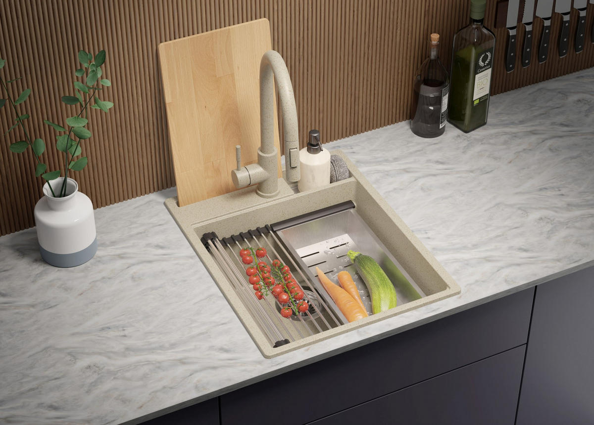 GRANITSPÜLE Oslo Pocket, 2-er set Beige 43/53 cm 1 Becken + Küchenarmatur 32/20 cm + Ablauf-Set + Küchenzubehörset ab 45er Unterschrank - Chromfarben/Beige, Kunststoff (43/20/53cm) - Primagran