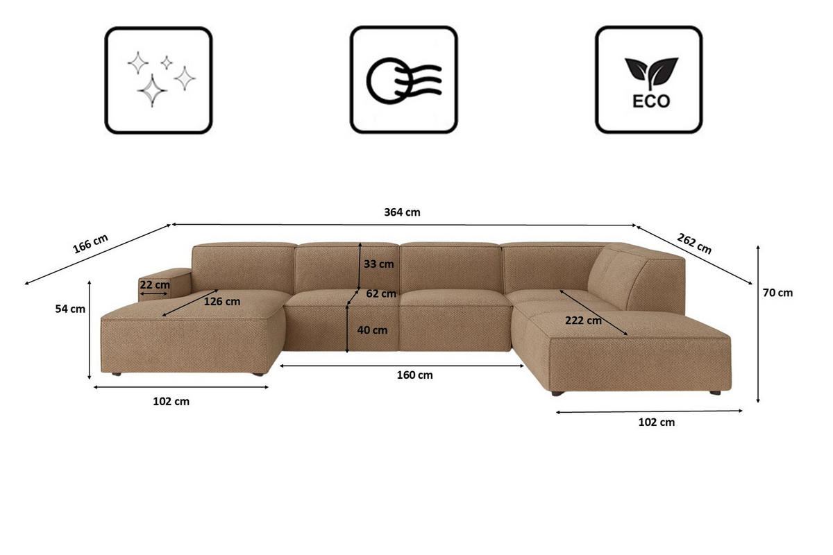 ECKSOFA Cursal V, Stoff Artico, Beige, Rechts - Beige, Holz (364/262cm) - Kaiser Möbel