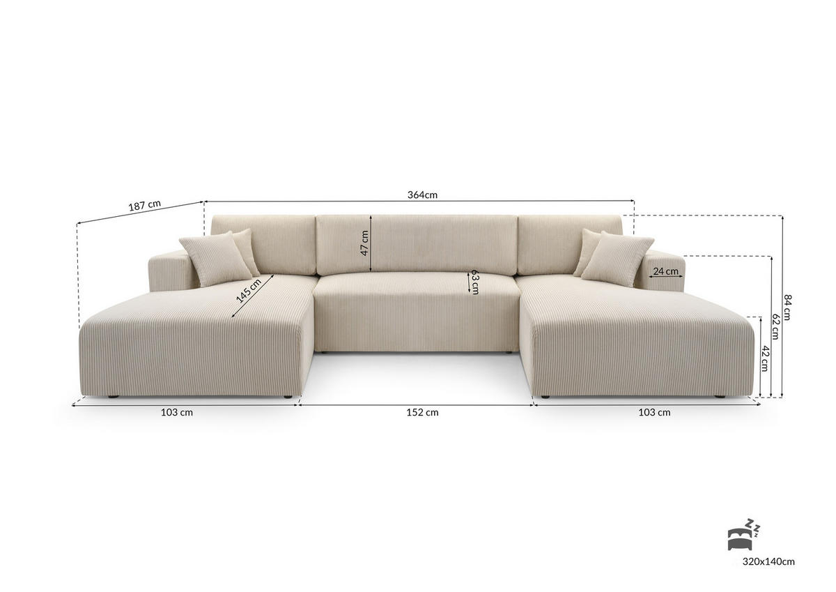 WOHNLANDSCHAFT PULA-U CORD BEIGE mit Schlaffunktion - Beige, Textil (364/84/187cm) - Luxkor24